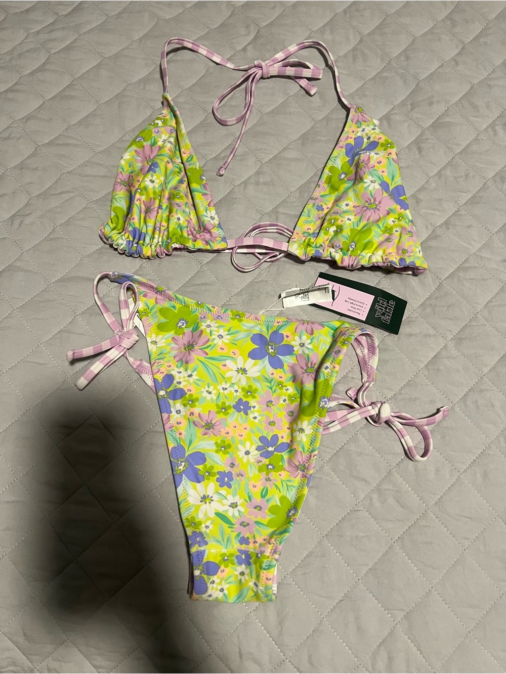 wild fable Lime Green Floral Tie-Side Bikini with Pink Trim